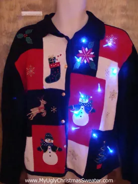 Black and Red Blocks Festive Light Up Ugly Christmas Jumper