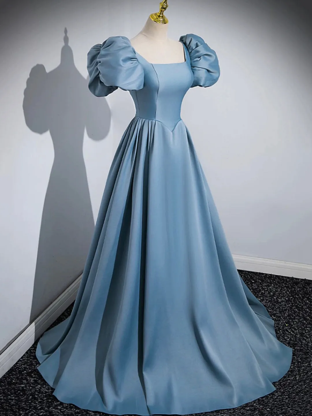 Blue Puff Sleeve Satin Floor Length Prom Dress Blue A-Line Evening Party Dress