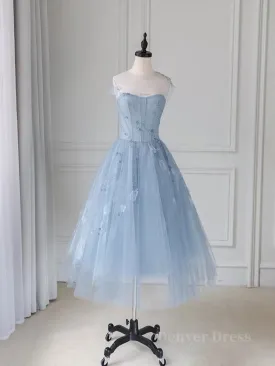 Blue round neck tulle lace short prom dress blue homecoming dress