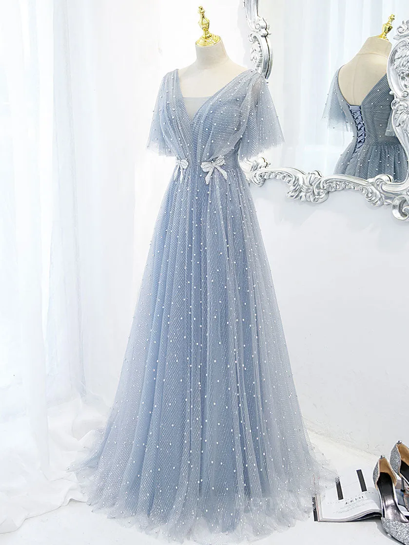 Blue v neck tulle beads long prom dress blue tulle formal dress