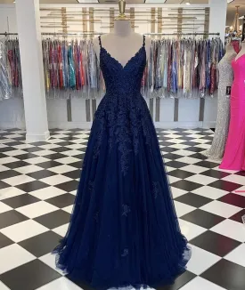 Blue V Neck Tulle Lace Long Prom Dress Evening Dress