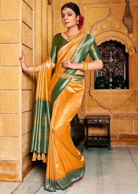 Chrome Yellow Zari Woven Kanjivaram Silk Saree with Contrast Border & Pallu