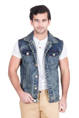 Krossstitch Sleeveless Green Cloud Wash Men's Denim Jacket with Brass Button