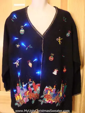 Light Up Black Cardigan Ugly Xmas Sweater Gifts, Candles, and Bling