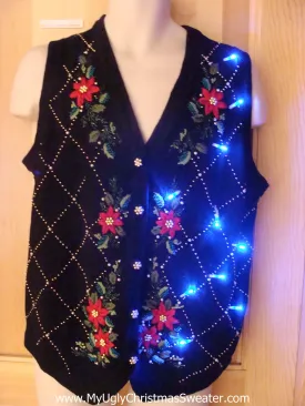 Light Up Ugly Xmas Sweater Vest with Red Poinsettias