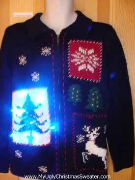 Light Up Ugly Xmas Sweater with Crafty Patches Tree, Reindeer, Snowflake