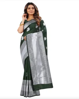 Magnificent Green Color Banarasi Silk Saree with Beautiful Silver Zari Weaving for Special Occasion