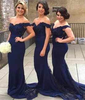 Navy Blue Off Shoulder Mermaid Beaded Lace Prom Dresses, Blue Bridesmaid Dresses, Lace Prom Gown