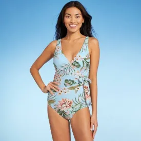 New - Kona Sol Women's High Coverage One Piece Swimsuit Wrap Front Swimwear Tropical S