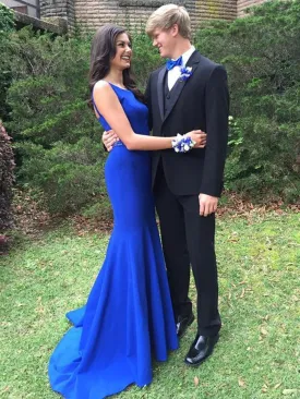 Sexy Royal Blue Mermaid Scoop Neck Long Prom Dresses with Sweep Train, Mermaid Royal Blue Formal Dresses, Royal Blue Evening Dresses