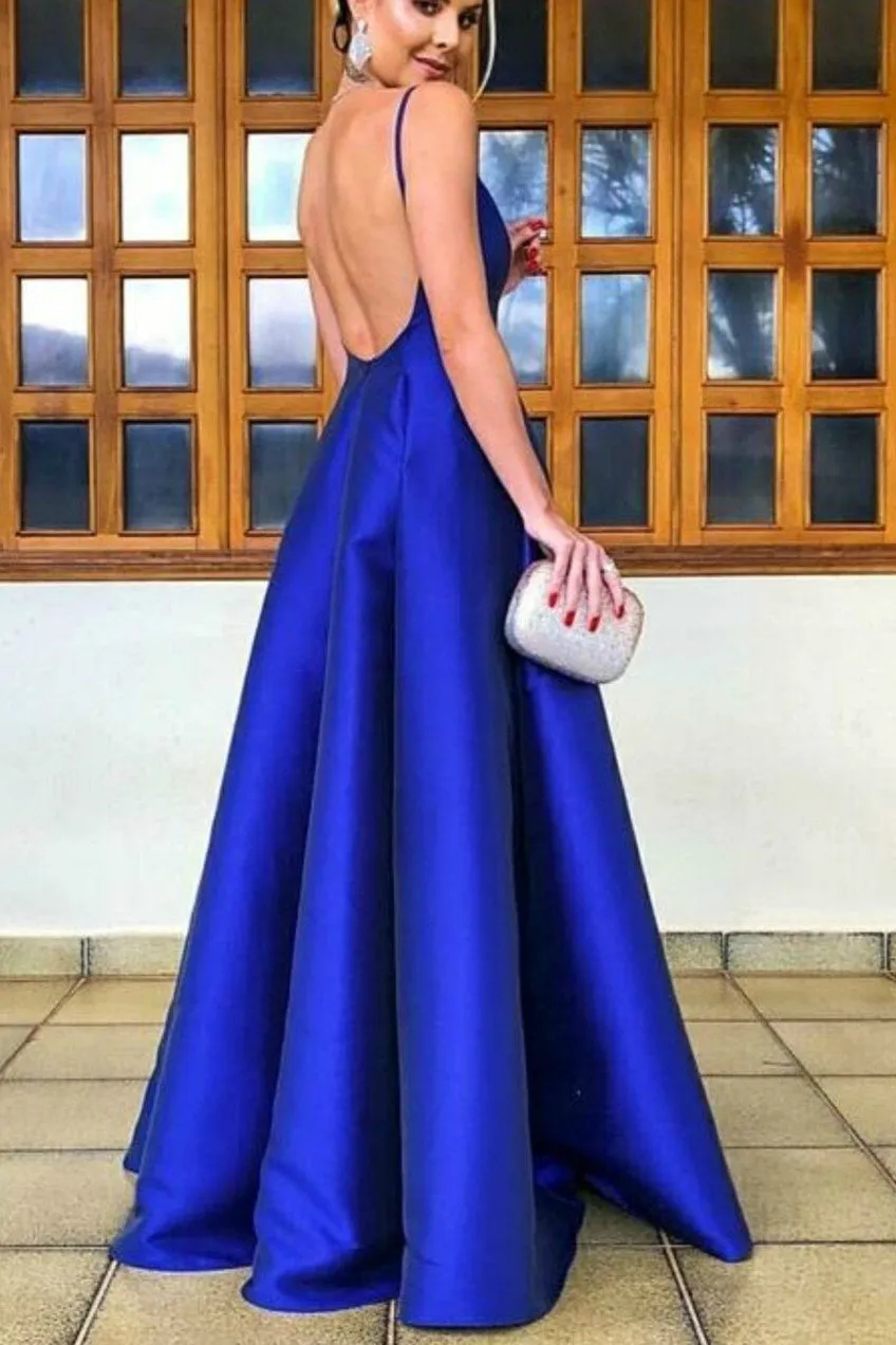 Simple A Line V Neck Backless Royal Blue Satin Long Prom Dress, V Neck Backless Royal Blue Formal Dress, Royal Blue Evening Dress