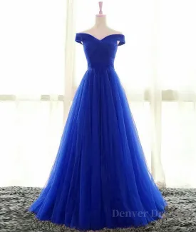 Simple sweetheart tulle blue long prom dress blue evening dress