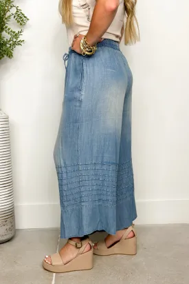 Washed Denim Pinktuck Wide Leg Pants