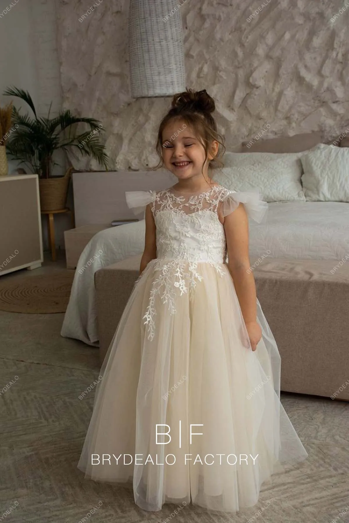 White Lace Champagne Tulle Ball Gown Elegant Flower Girl Dress